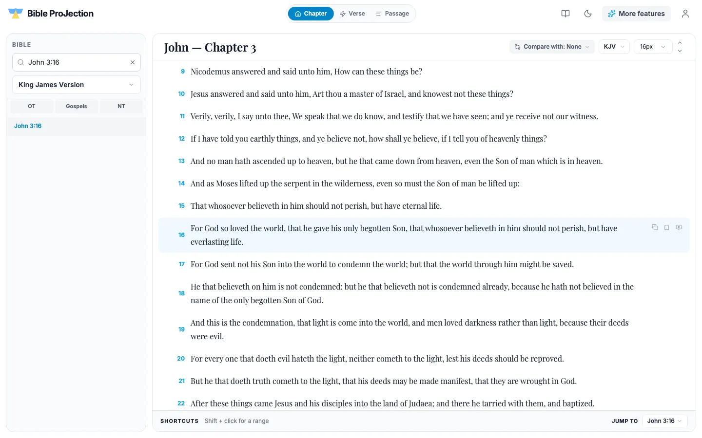 Bible Study reader showing John chapter 3 with verse 16 highlighted
