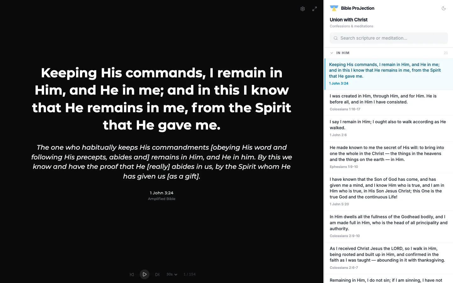 Meditation app showing a full-screen confession from 1 John 3:24