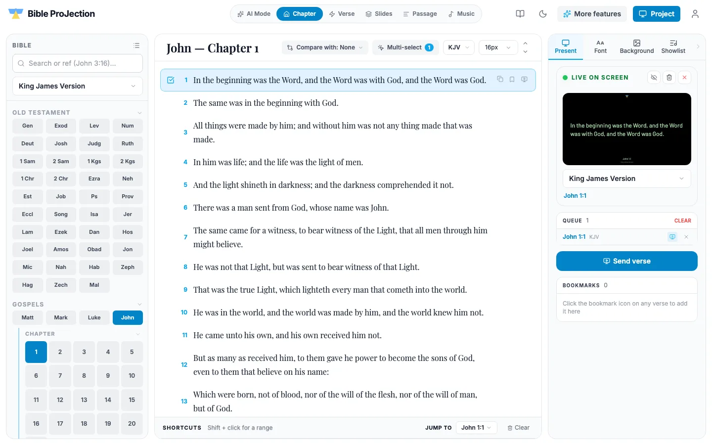 Bible ProJection editor showing John chapter 1 with a verse selected to send to the screen